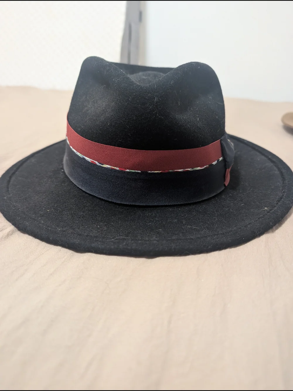ADORA Black Fedora with Burgundy & Navy Ribbon Accent